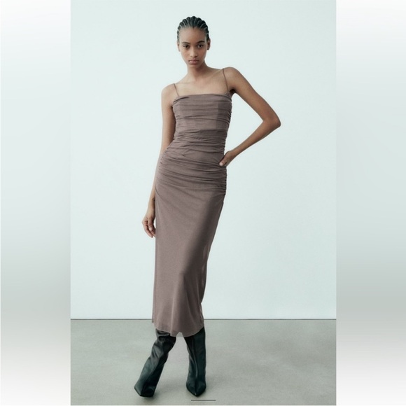 Zara Dresses & Skirts - Zara Taupe Draped Midi Dress